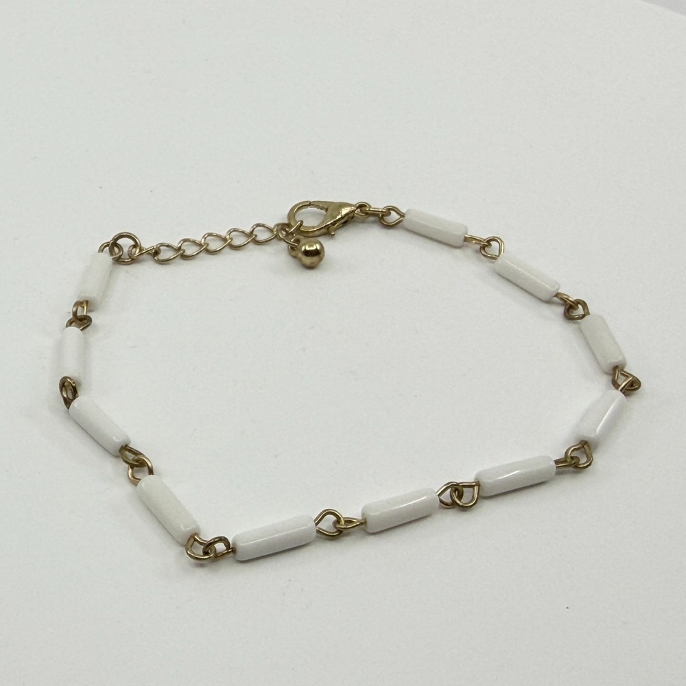 Y2K Minimalist White Tube Bead Bracelet Gold Tone Chain Stackable Accessory 90s